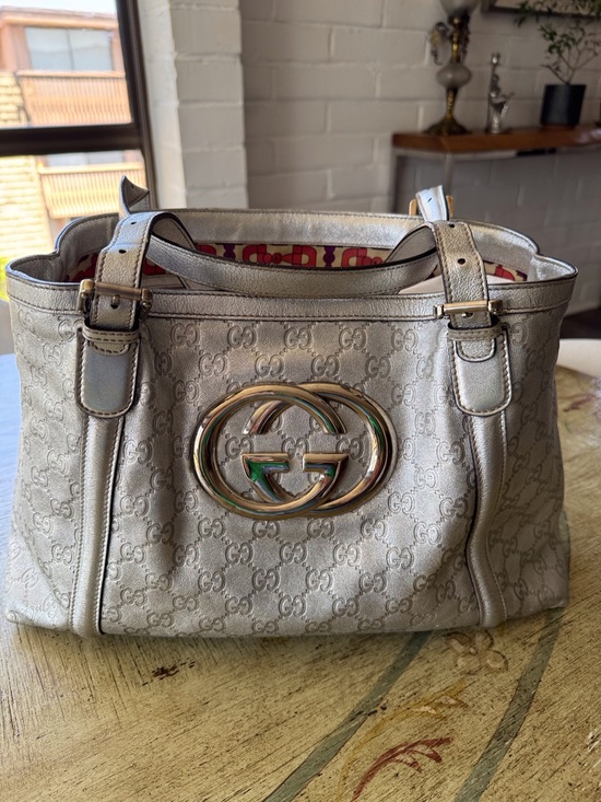 Gucci Handbags - Vintage Gucci Metallic Silver GG Logo Shoulder Tote Bag Authentic